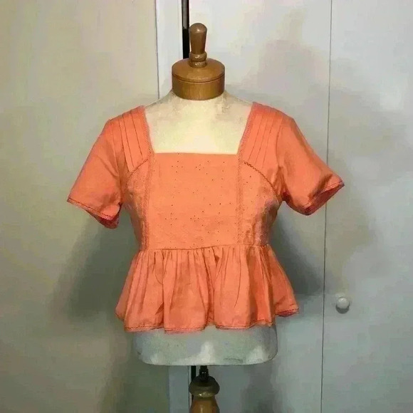 Midnight Sky Peach Peplum Eyelet Top Square neck Embroidered trim size Medium - Picture 1 of 13